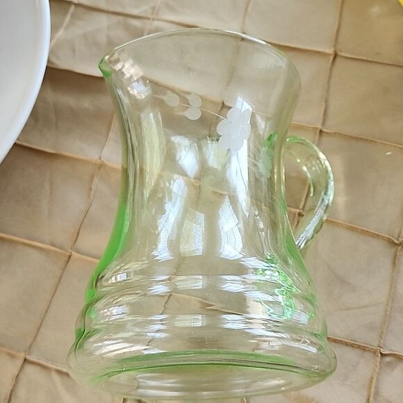 Vintage Vaseline Glass Pitcher Uranium Etched Glass Floral - Picture 6 of 13
